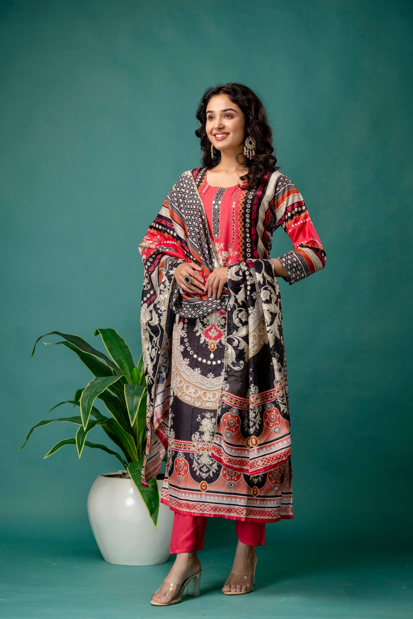 Printed Kurti with Mirror Work, Round Neck, Printed Dupatta & Plain Pants