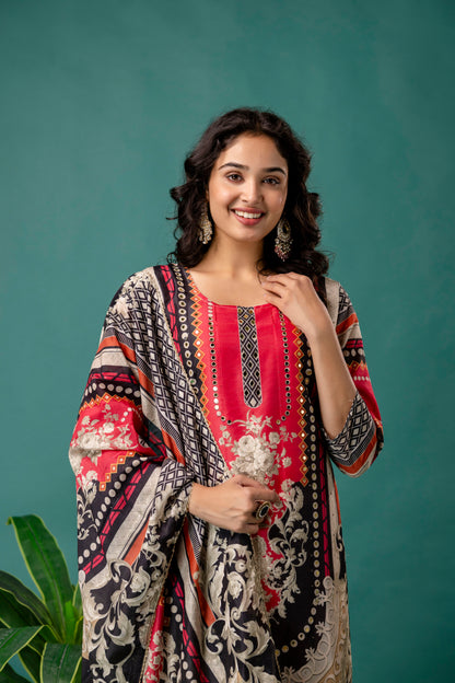 Printed Kurti with Mirror Work, Round Neck, Printed Dupatta & Plain Pants