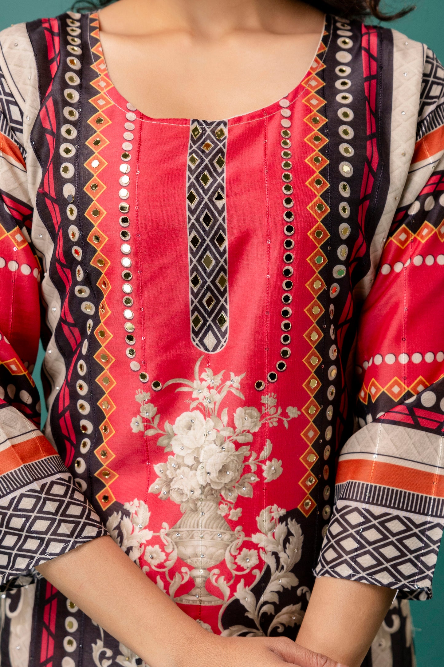 Printed Kurti with Mirror Work, Round Neck, Printed Dupatta & Plain Pants