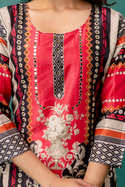 Printed Kurti with Mirror Work, Round Neck, Printed Dupatta & Plain Pants