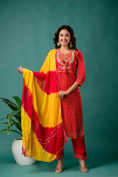 Jaipuri Printed Kurti with Gotta Patti Work, Round Neck, Plain Trouser & Double-Shaded Shiffon Dupatta