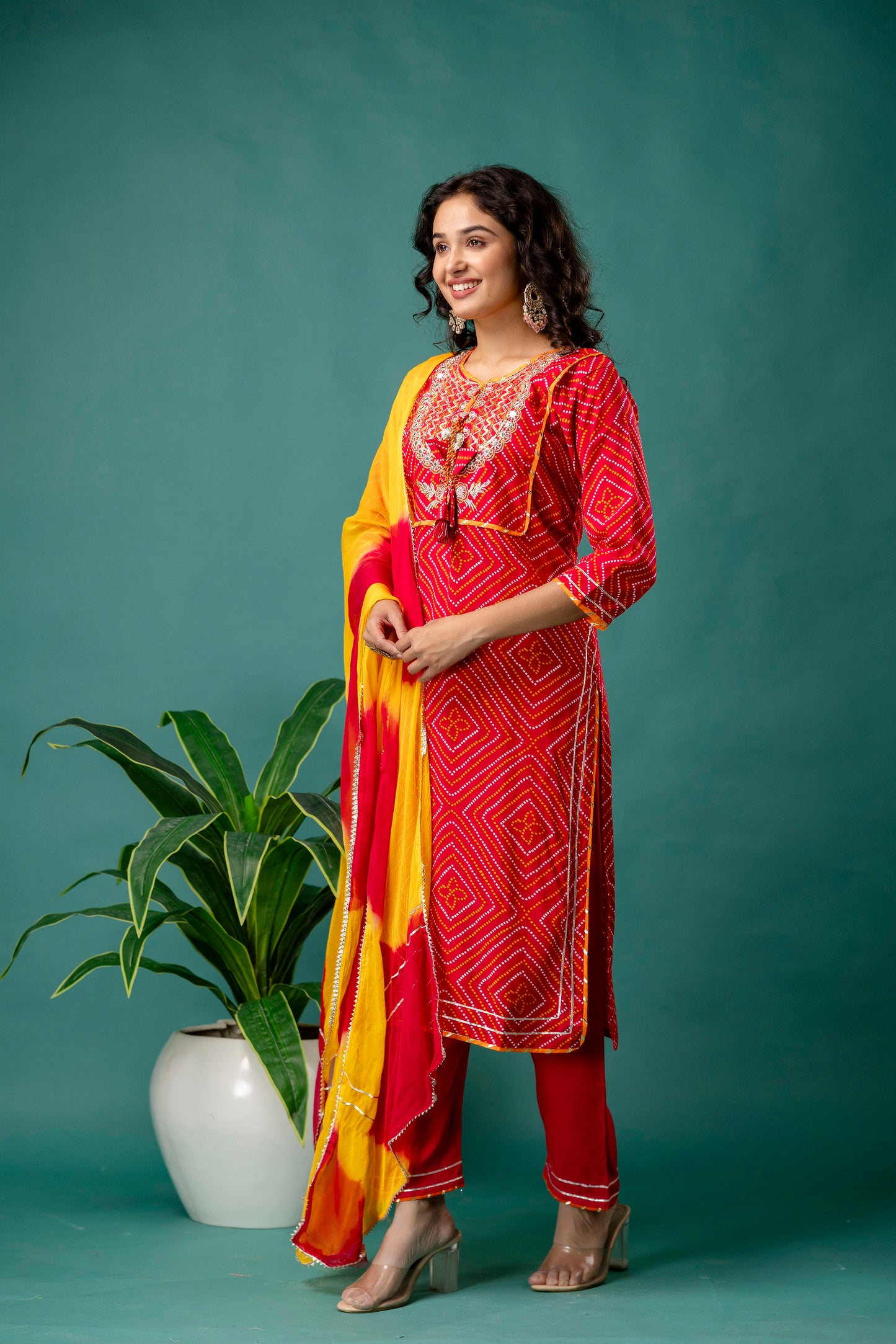 Jaipuri Printed Kurti with Gotta Patti Work, Round Neck, Plain Trouser & Double-Shaded Shiffon Dupatta