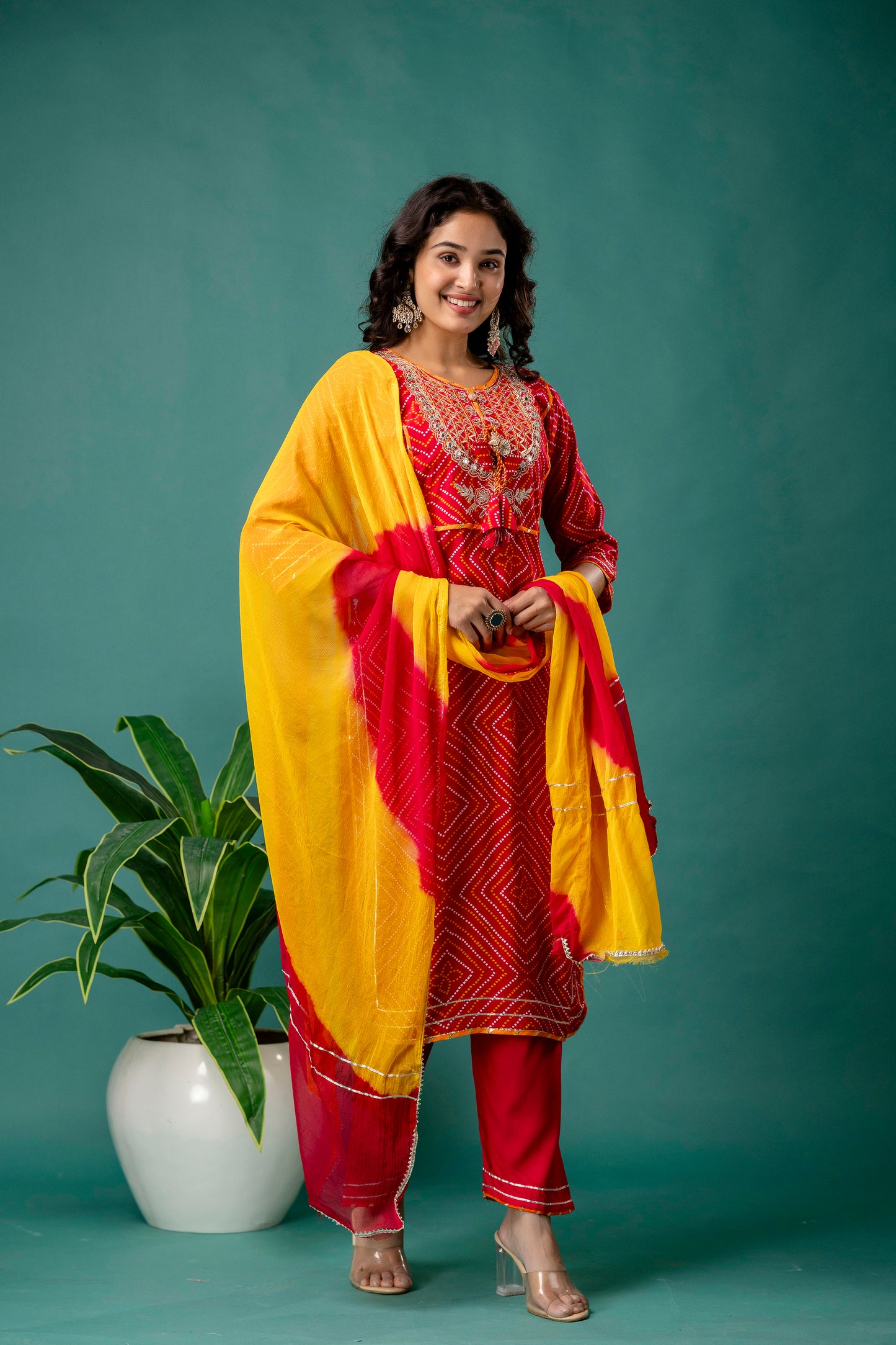 Jaipuri Printed Kurti with Gotta Patti Work, Round Neck, Plain Trouser & Double-Shaded Shiffon Dupatta