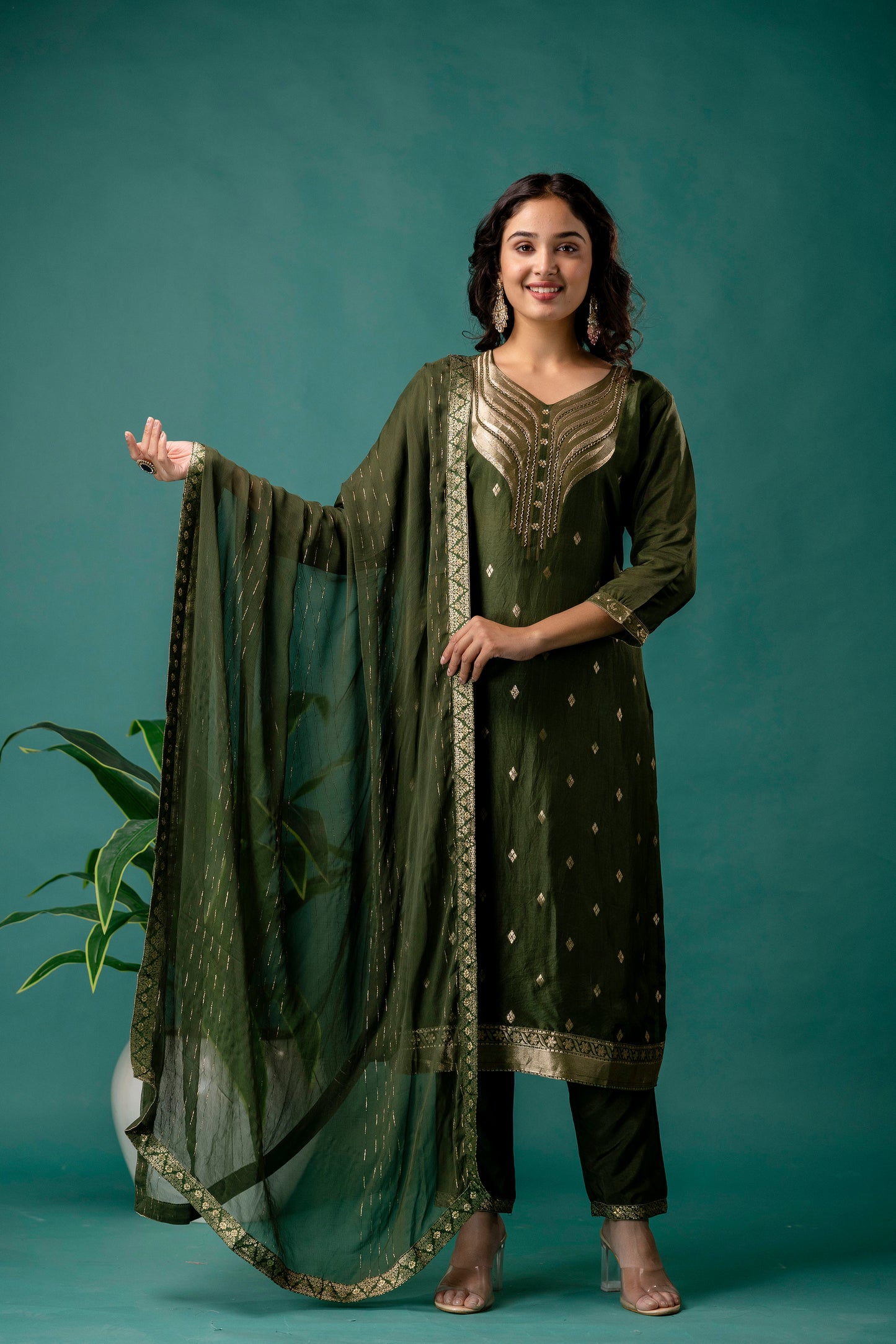 Banarasi Handworked Kurti with V-Neck, Shiffon Dupatta & Plain Trouser