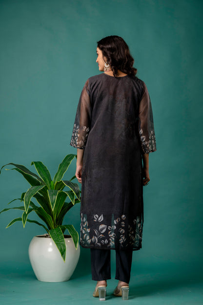 Printed V-Neck Kurti with Jari Work, Organza Printed Dupatta & Simple Pant