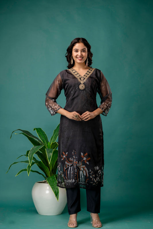 Printed V-Neck Kurti with Jari Work, Organza Printed Dupatta & Simple Pant