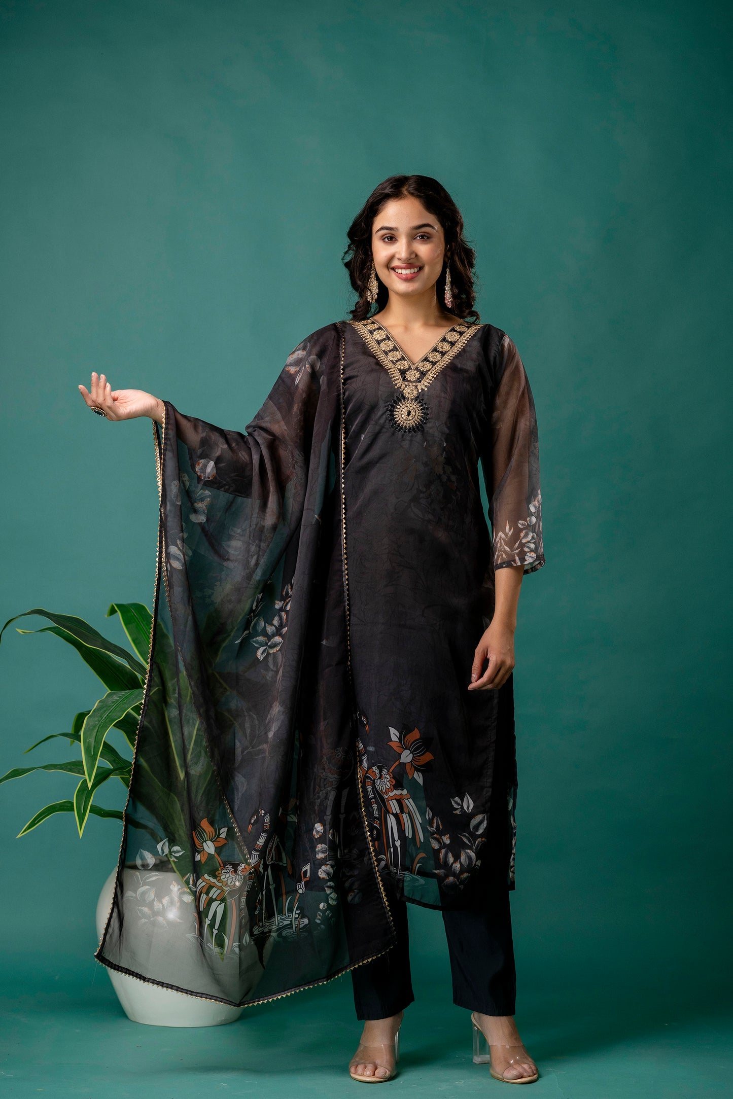 Printed V-Neck Kurti with Jari Work, Organza Printed Dupatta & Simple Pant