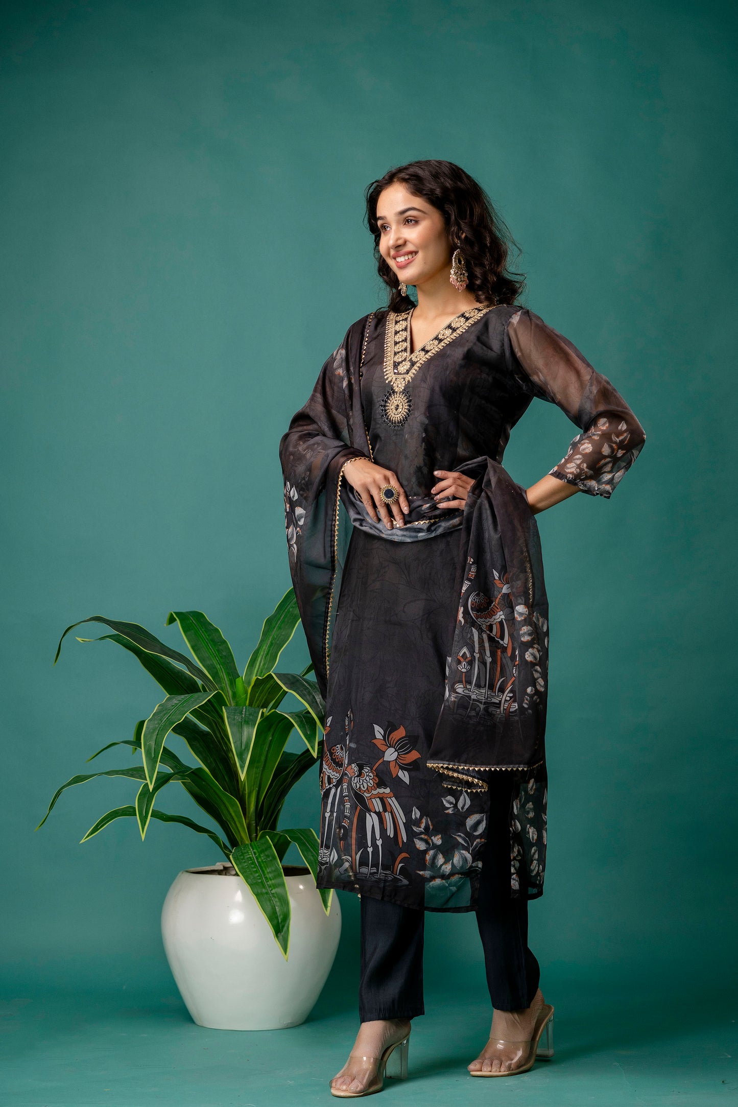 Printed V-Neck Kurti with Jari Work, Organza Printed Dupatta & Simple Pant