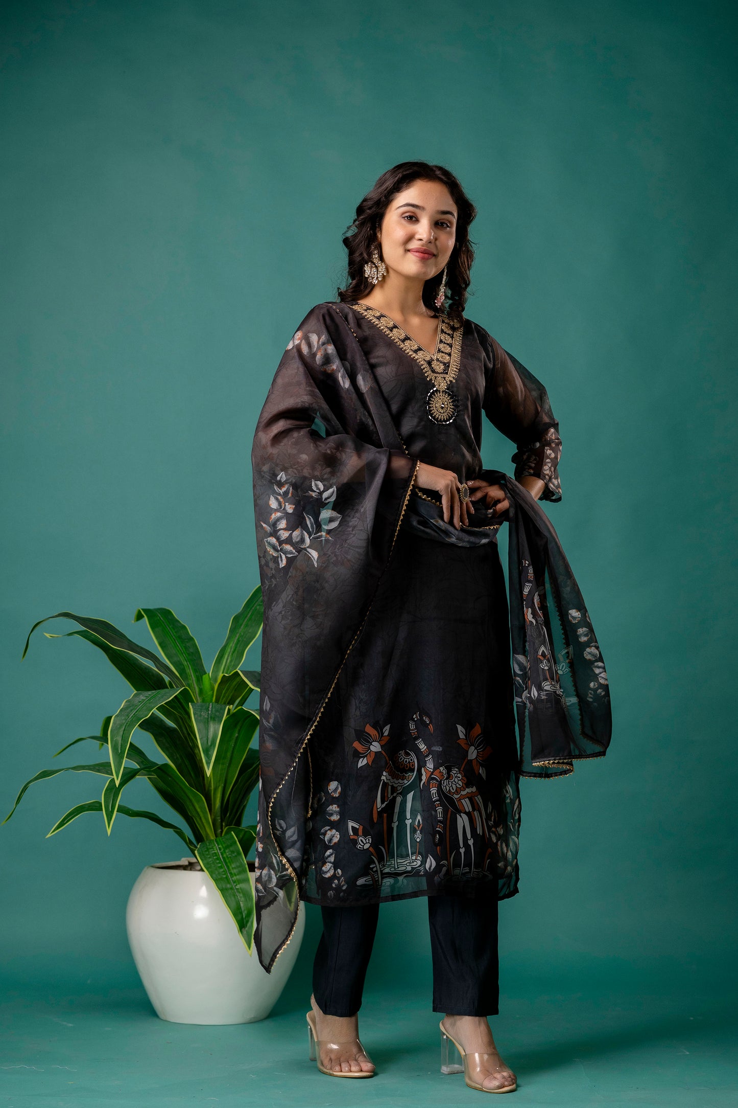 Printed V-Neck Kurti with Jari Work, Organza Printed Dupatta & Simple Pant