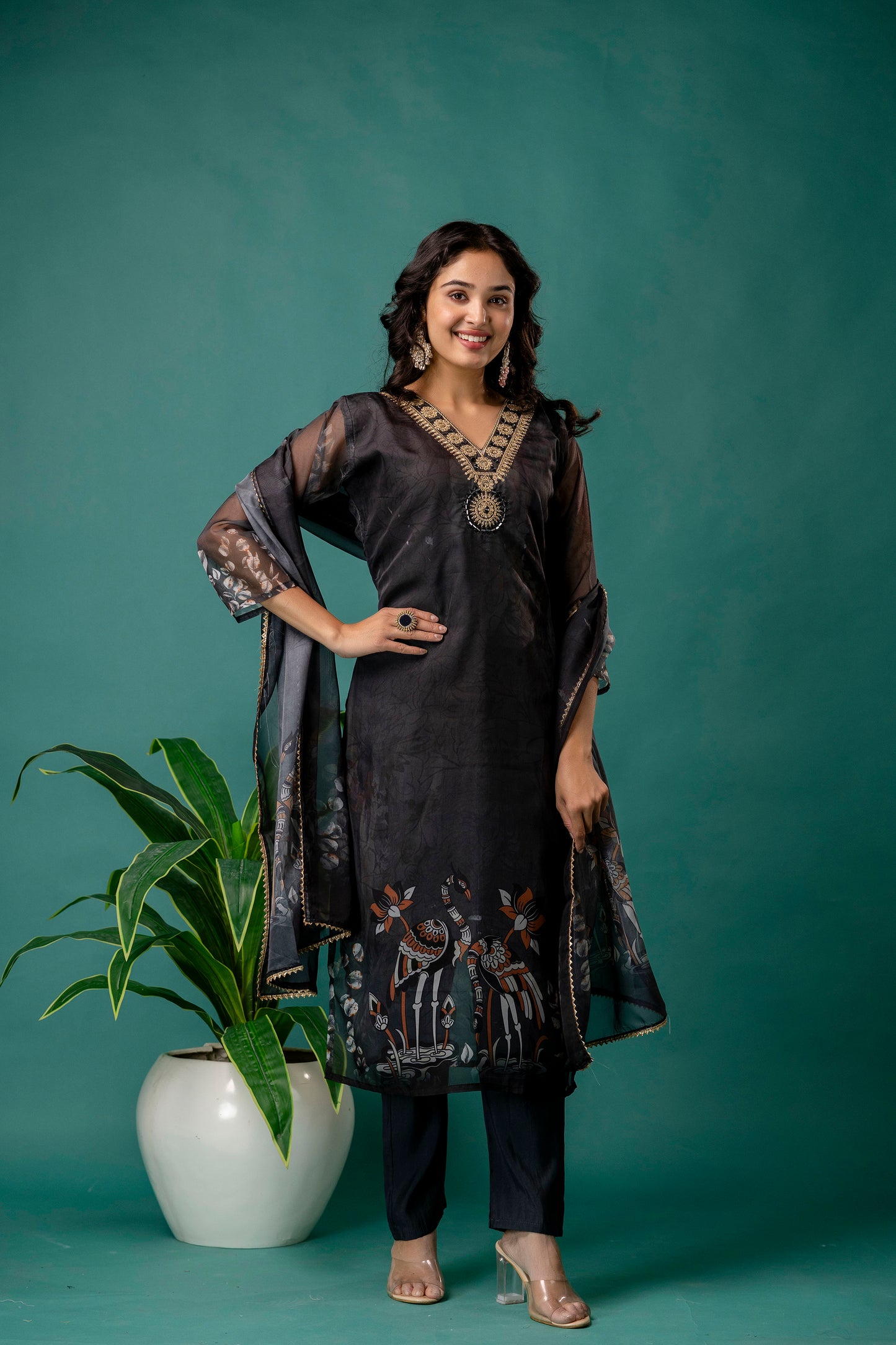 Printed V-Neck Kurti with Jari Work, Organza Printed Dupatta & Simple Pant