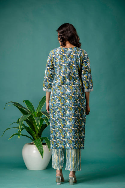 Printed V-Neck Kurti with Dori Work, Printed Dupatta & Printed Trouser