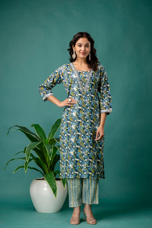 Printed V-Neck Kurti with Dori Work, Printed Dupatta & Printed Trouser