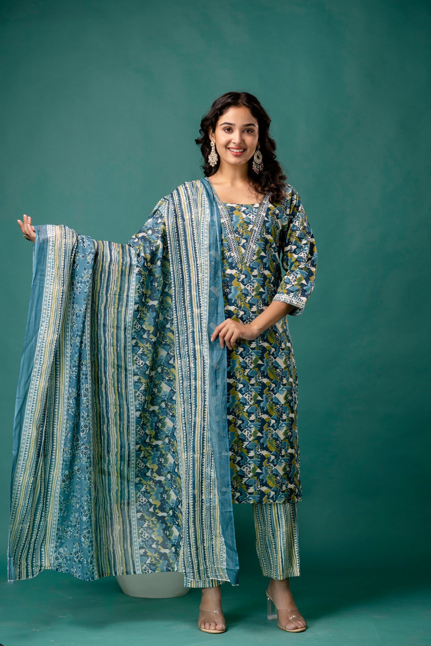Printed V-Neck Kurti with Dori Work, Printed Dupatta & Printed Trouser
