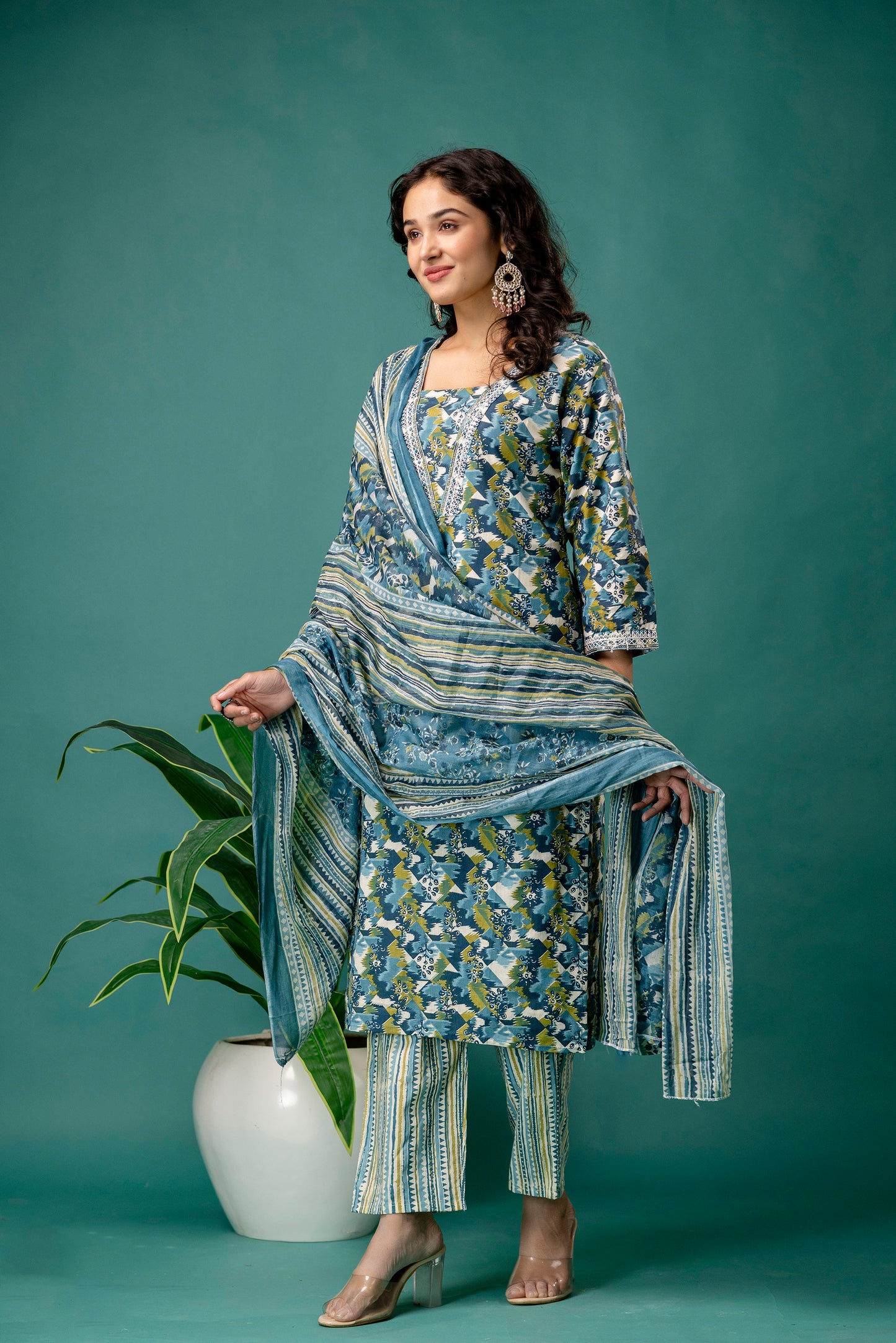 Printed V-Neck Kurti with Dori Work, Printed Dupatta & Printed Trouser