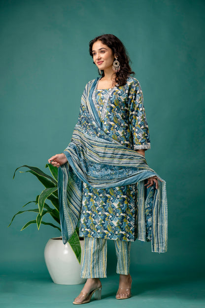 Printed V-Neck Kurti with Dori Work, Printed Dupatta & Printed Trouser