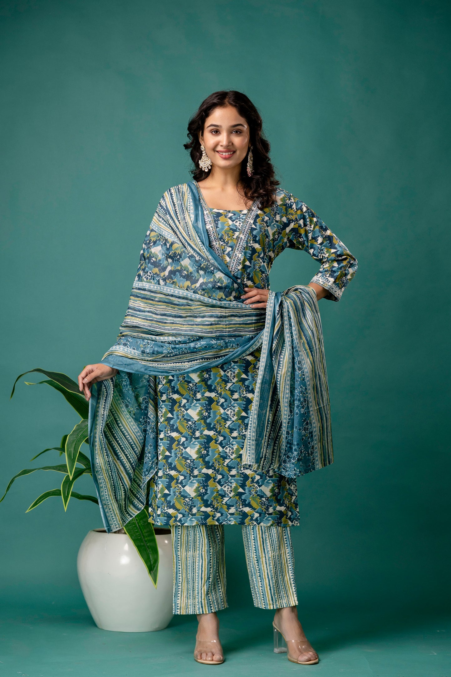 Printed V-Neck Kurti with Dori Work, Printed Dupatta & Printed Trouser
