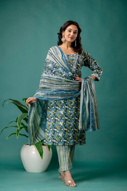 Printed V-Neck Kurti with Dori Work, Printed Dupatta & Printed Trouser