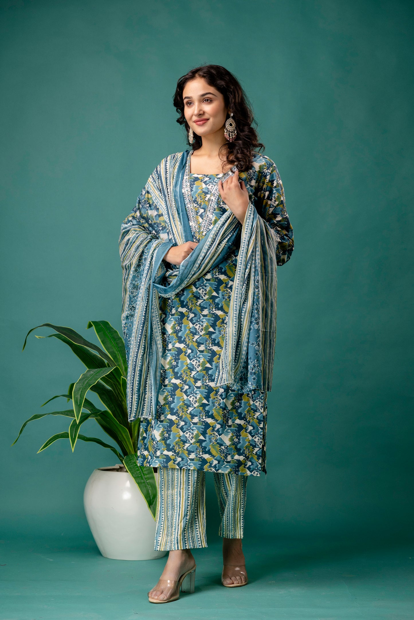 Printed V-Neck Kurti with Dori Work, Printed Dupatta & Printed Trouser