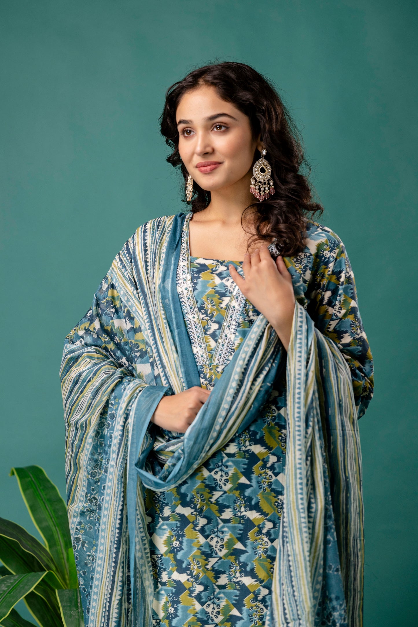 Printed V-Neck Kurti with Dori Work, Printed Dupatta & Printed Trouser