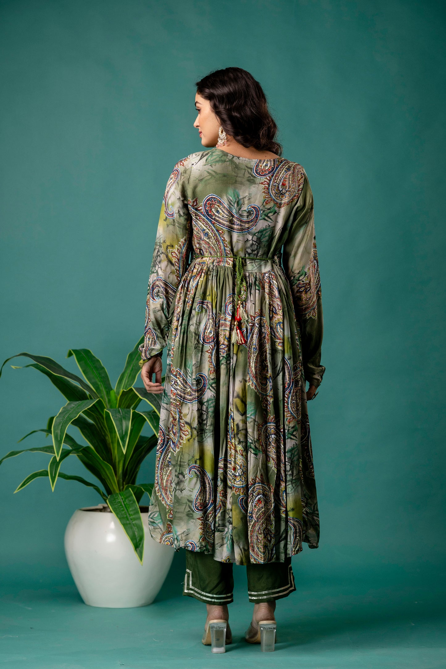 Printed V-Neck Kurti with Sequined & Mirror Work, Shaded Organza Dupatta & Plain Trouser