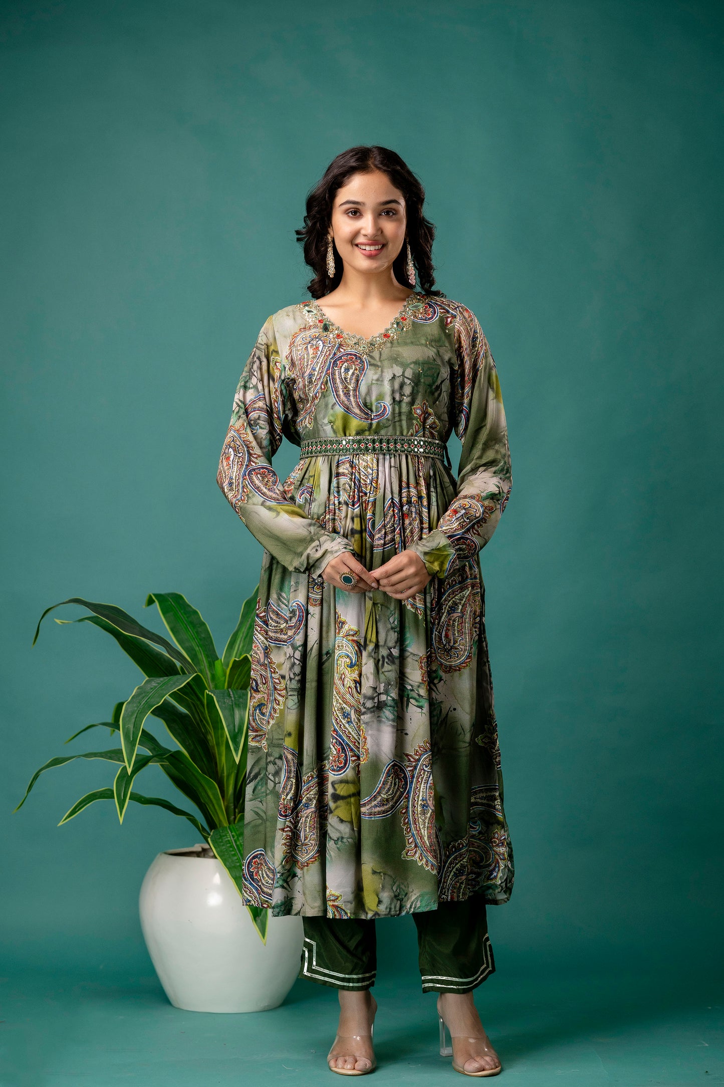 Printed V-Neck Kurti with Sequined & Mirror Work, Shaded Organza Dupatta & Plain Trouser