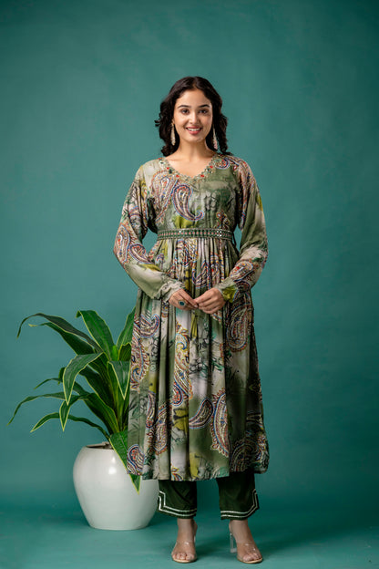 Printed V-Neck Kurti with Sequined & Mirror Work, Shaded Organza Dupatta & Plain Trouser