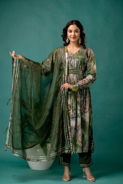 Printed V-Neck Kurti with Sequined & Mirror Work, Shaded Organza Dupatta & Plain Trouser