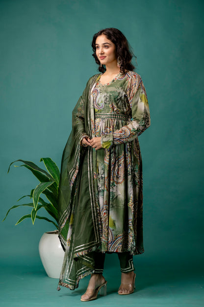 Printed V-Neck Kurti with Sequined & Mirror Work, Shaded Organza Dupatta & Plain Trouser