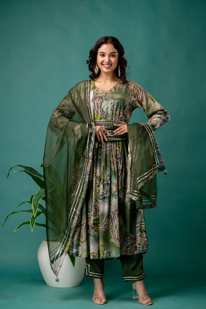 Printed V-Neck Kurti with Sequined & Mirror Work, Shaded Organza Dupatta & Plain Trouser