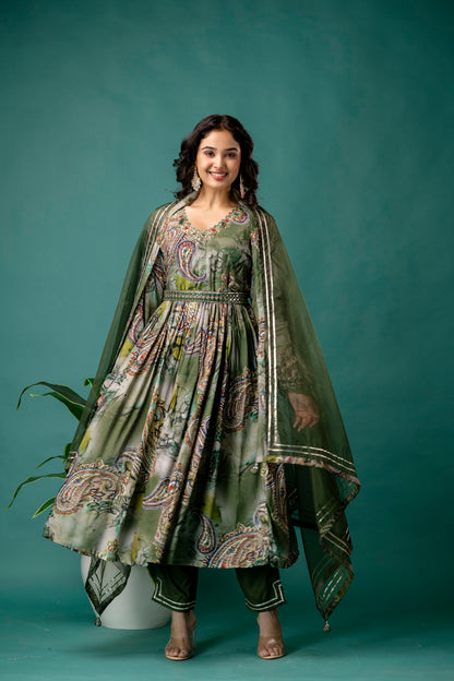 Printed V-Neck Kurti with Sequined & Mirror Work, Shaded Organza Dupatta & Plain Trouser