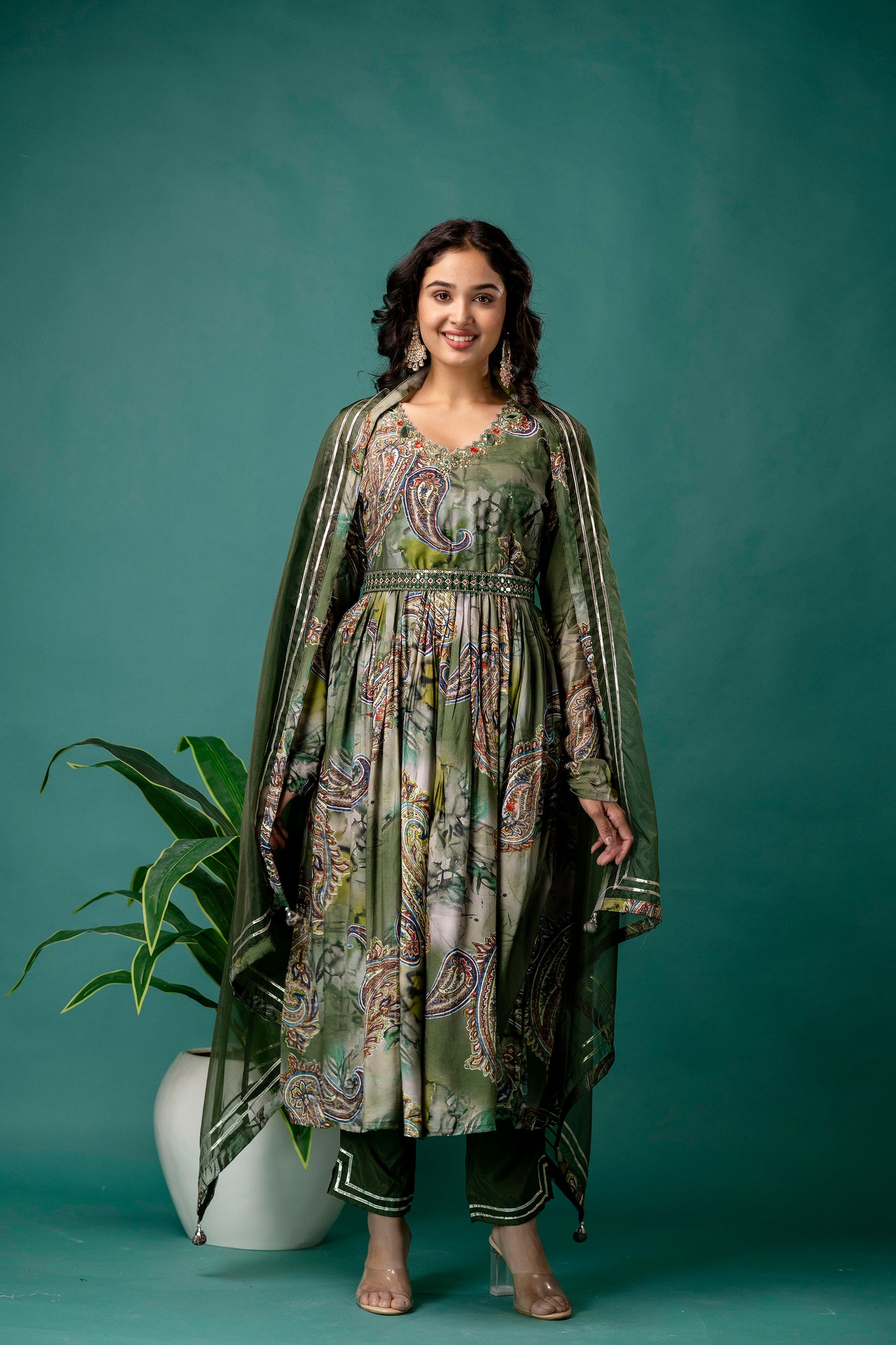 Printed V-Neck Kurti with Sequined & Mirror Work, Shaded Organza Dupatta & Plain Trouser