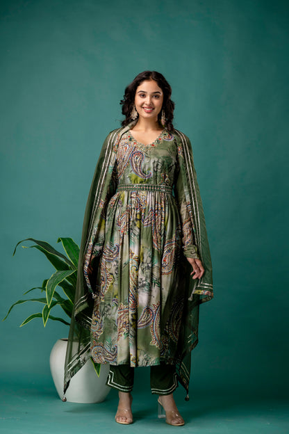 Printed V-Neck Kurti with Sequined & Mirror Work, Shaded Organza Dupatta & Plain Trouser