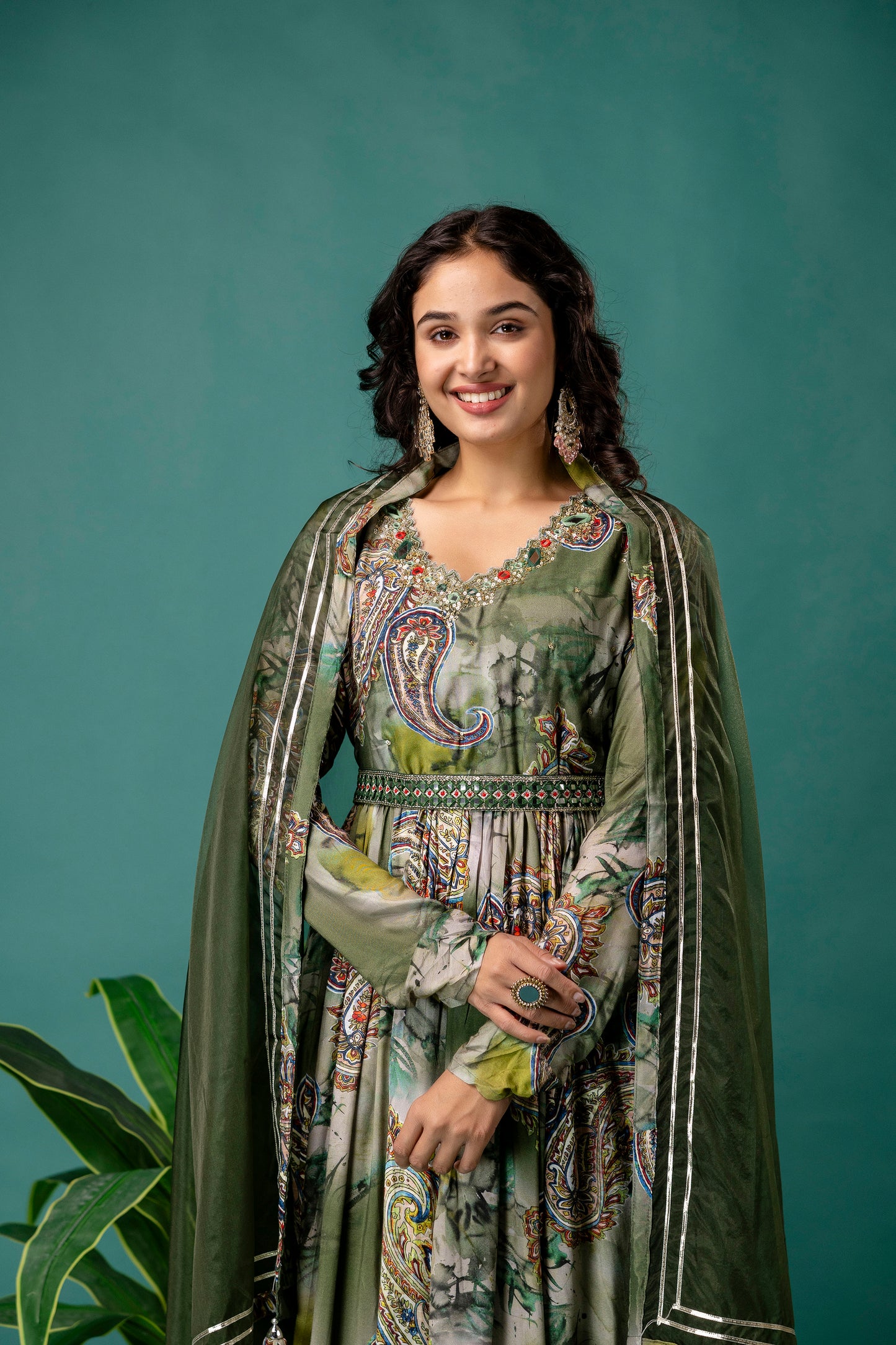 Printed V-Neck Kurti with Sequined & Mirror Work, Shaded Organza Dupatta & Plain Trouser