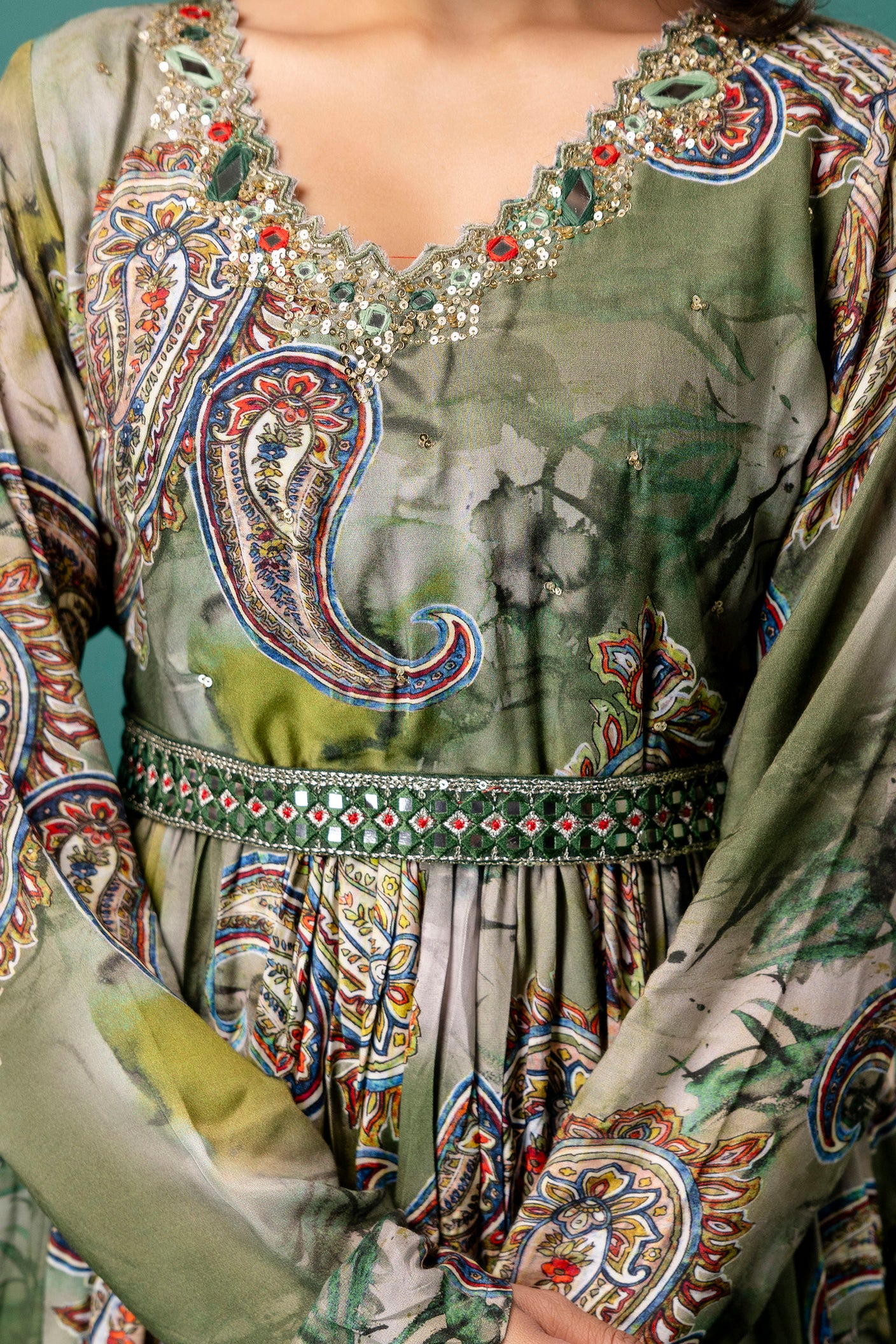 Printed V-Neck Kurti with Sequined & Mirror Work, Shaded Organza Dupatta & Plain Trouser