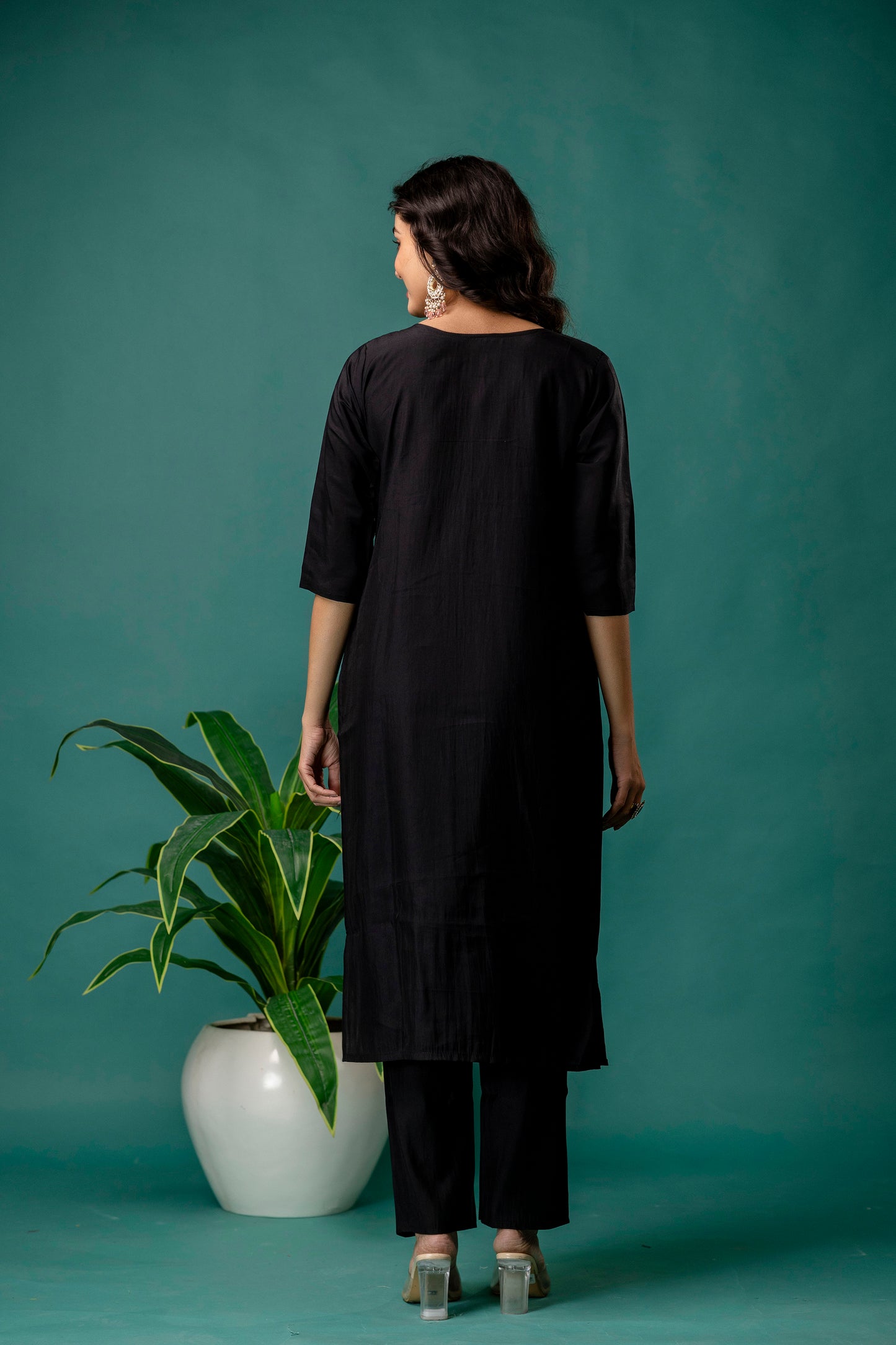 Dori & Sequined Work Kurti with Printed Organza Dupatta & Plain Trouser