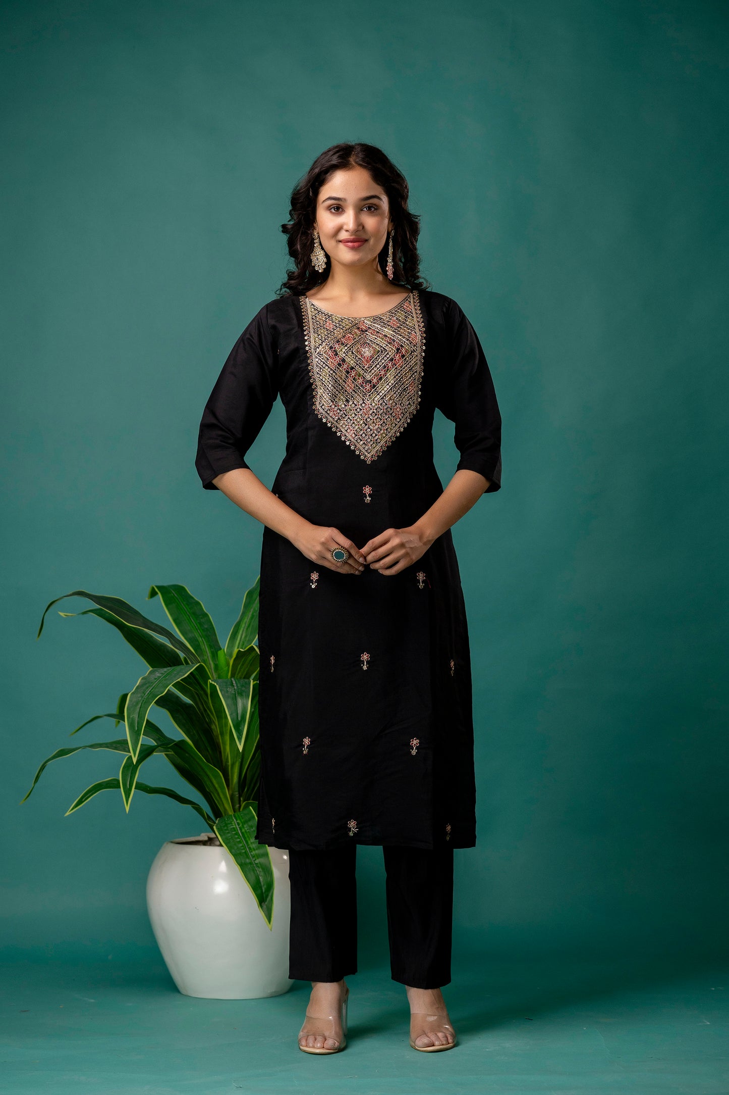 Dori & Sequined Work Kurti with Printed Organza Dupatta & Plain Trouser