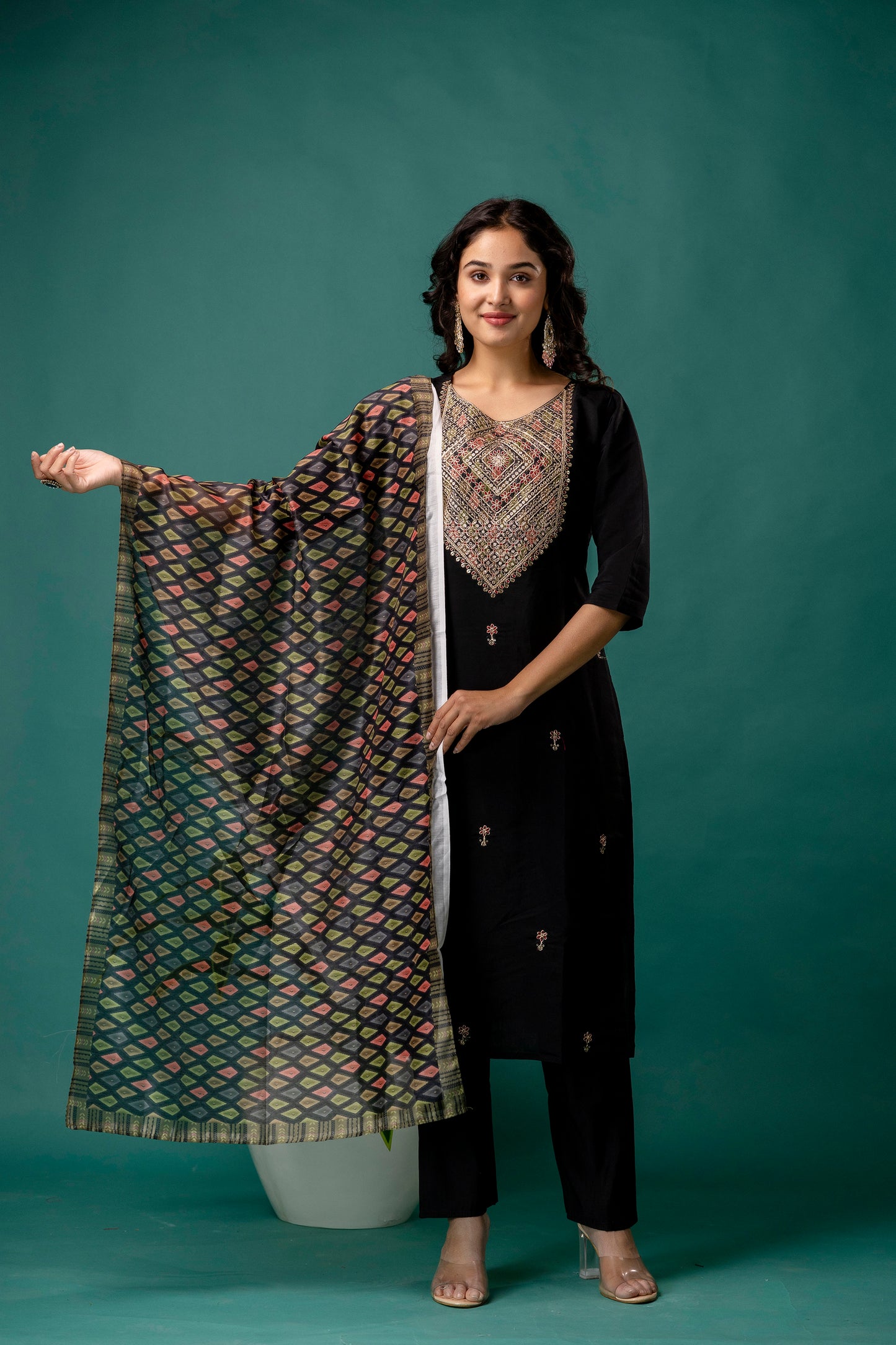 Dori & Sequined Work Kurti with Printed Organza Dupatta & Plain Trouser