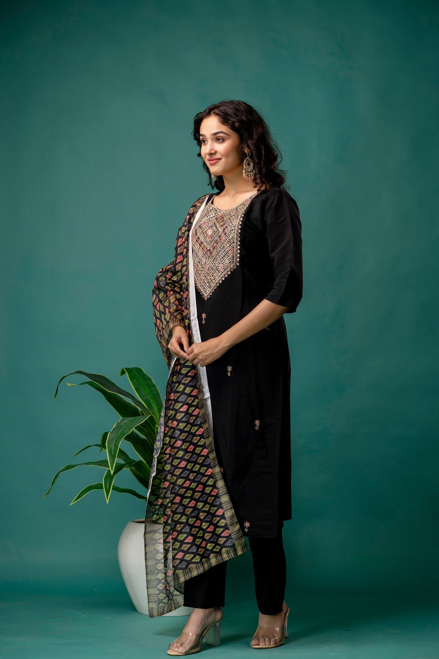 Dori & Sequined Work Kurti with Printed Organza Dupatta & Plain Trouser