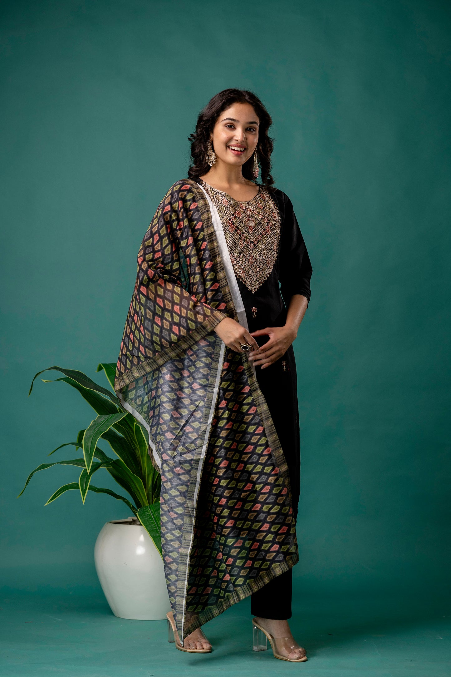 Dori & Sequined Work Kurti with Printed Organza Dupatta & Plain Trouser