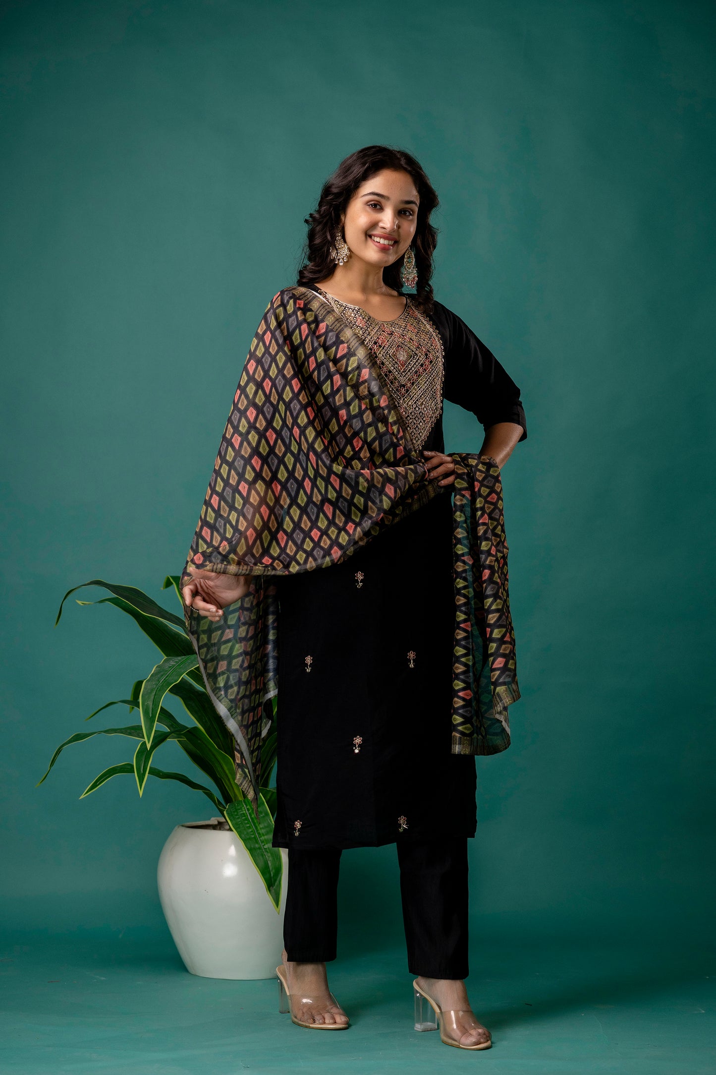 Dori & Sequined Work Kurti with Printed Organza Dupatta & Plain Trouser