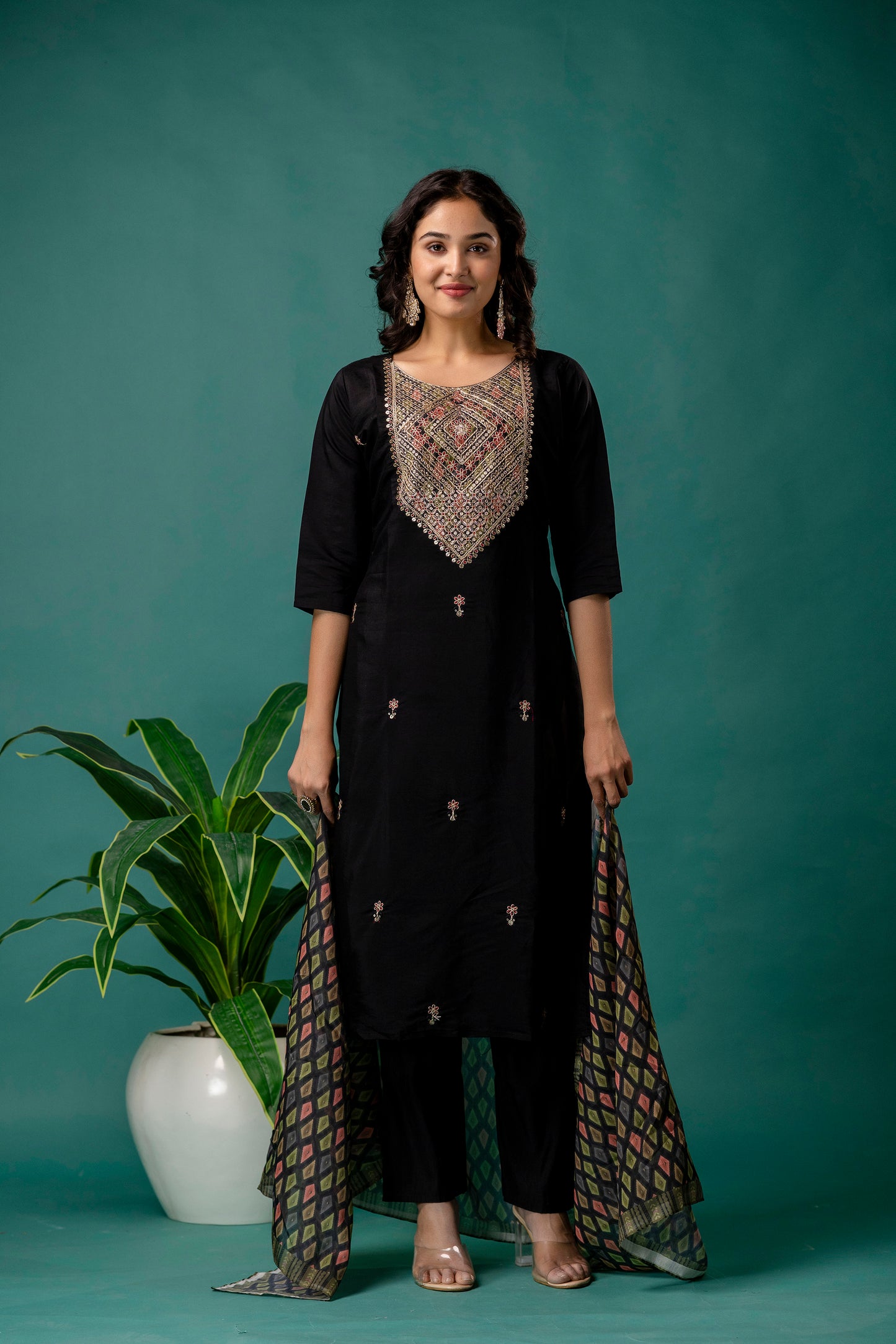 Dori & Sequined Work Kurti with Printed Organza Dupatta & Plain Trouser