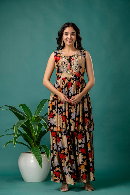 Printed Round Neck Kurti with Resham Work, Printed Dupatta & Printed Trouser