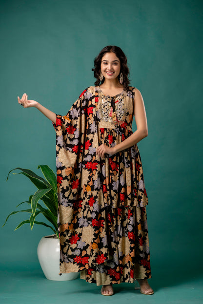 Printed Round Neck Kurti with Resham Work, Printed Dupatta & Printed Trouser