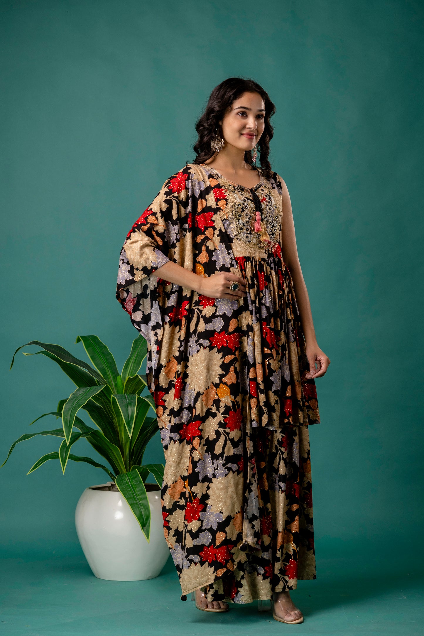 Printed Round Neck Kurti with Resham Work, Printed Dupatta & Printed Trouser