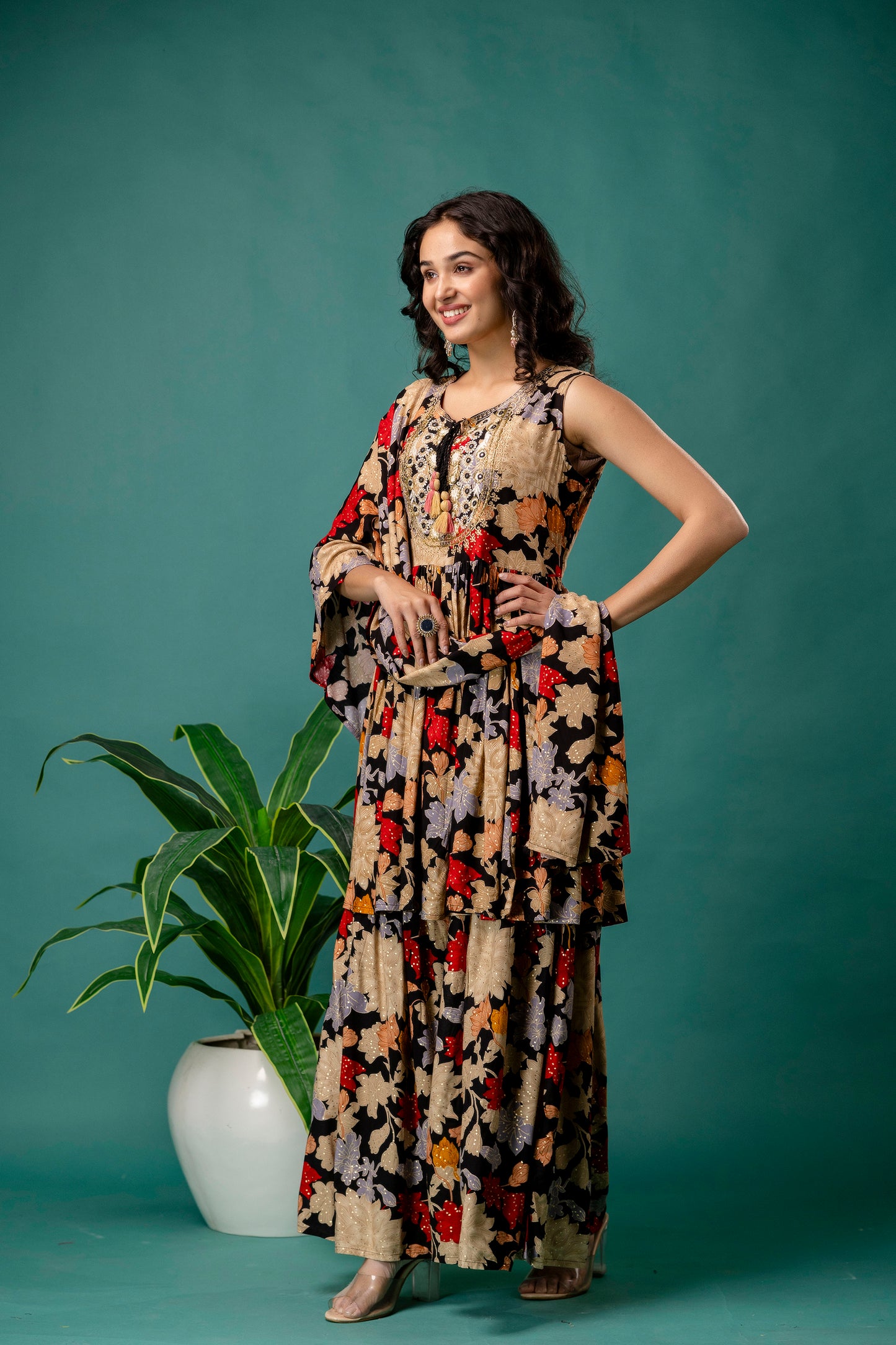 Printed Round Neck Kurti with Resham Work, Printed Dupatta & Printed Trouser