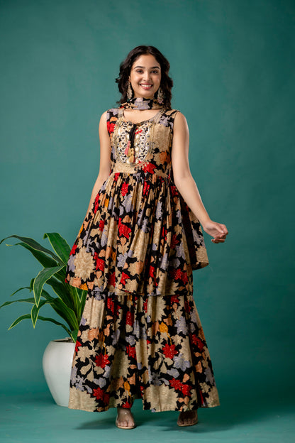 Printed Round Neck Kurti with Resham Work, Printed Dupatta & Printed Trouser