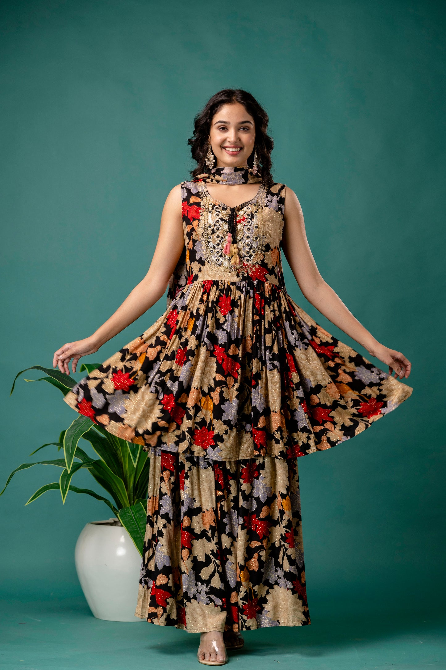 Printed Round Neck Kurti with Resham Work, Printed Dupatta & Printed Trouser