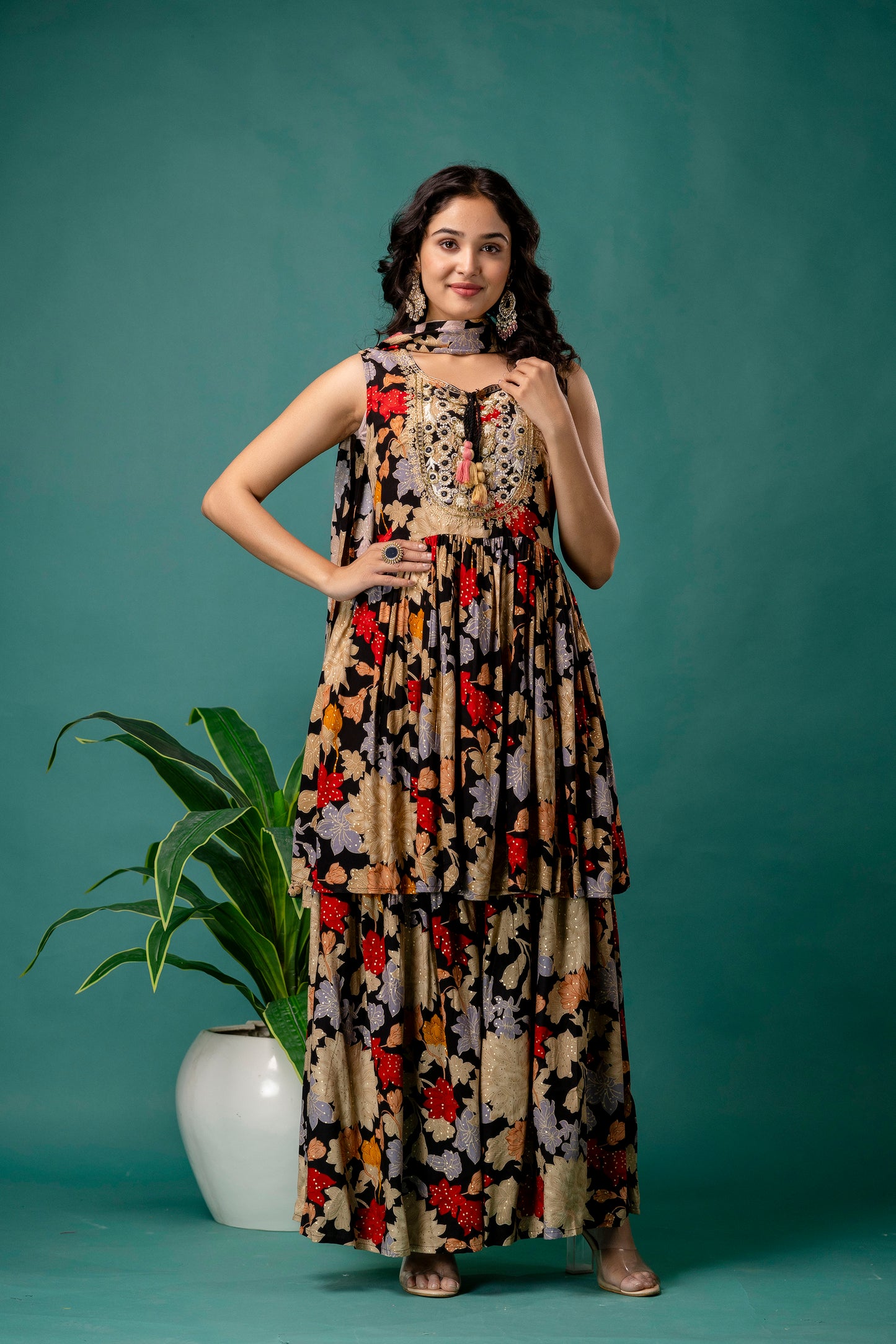 Printed Round Neck Kurti with Resham Work, Printed Dupatta & Printed Trouser