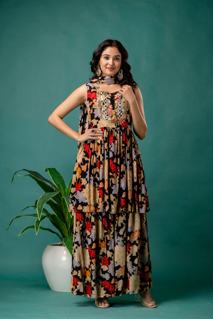 Printed Round Neck Kurti with Resham Work, Printed Dupatta & Printed Trouser