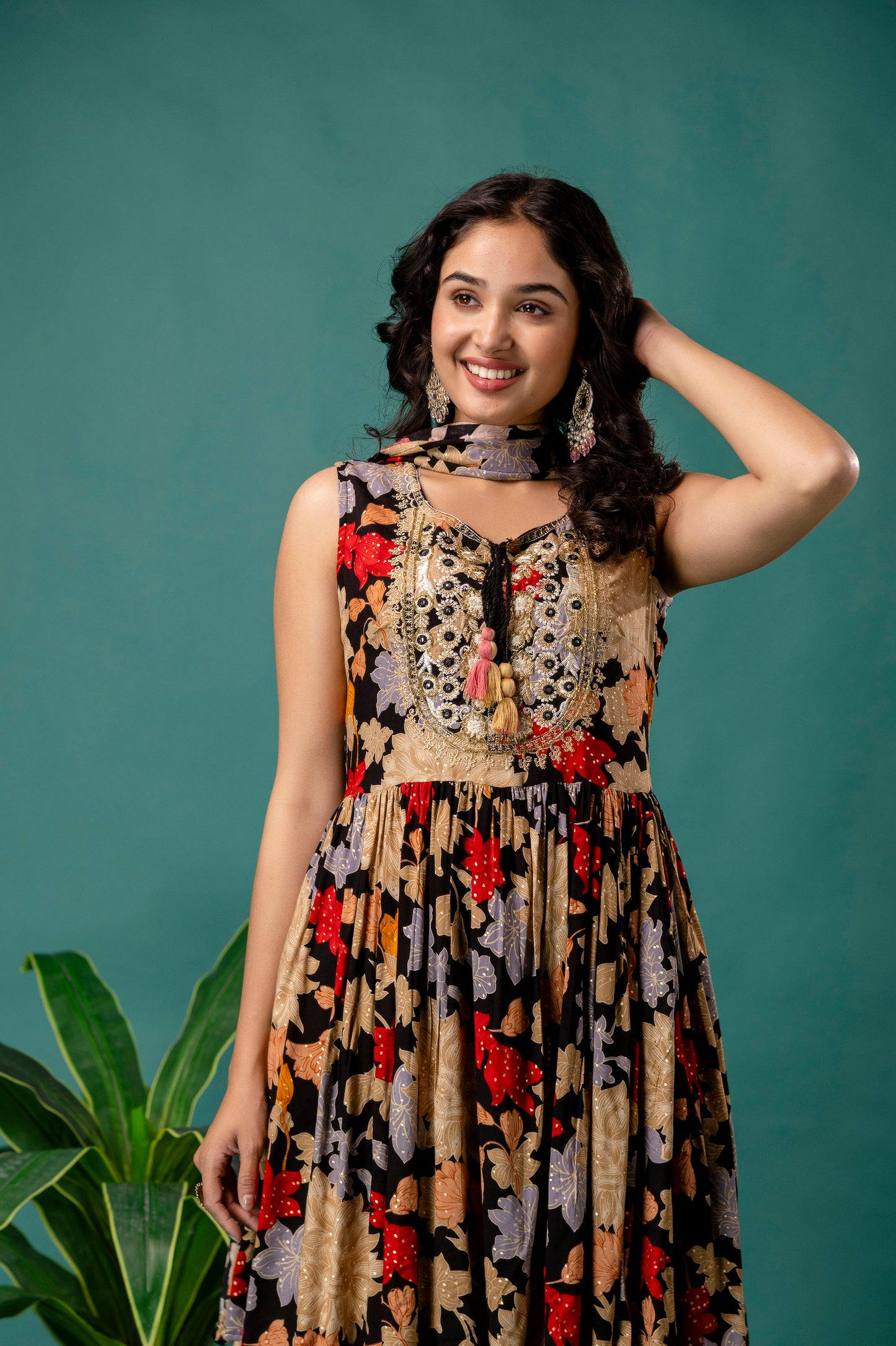 Printed Round Neck Kurti with Resham Work, Printed Dupatta & Printed Trouser